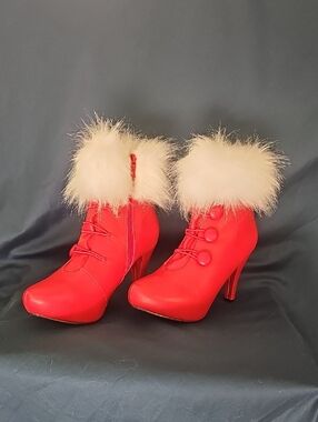 Women's Red Faux-Fur Trim High-Heel Booties